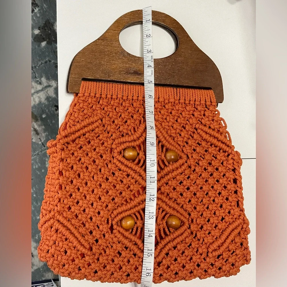 Mid century modern‎ Orange Macramé Tote with Wooden Handle